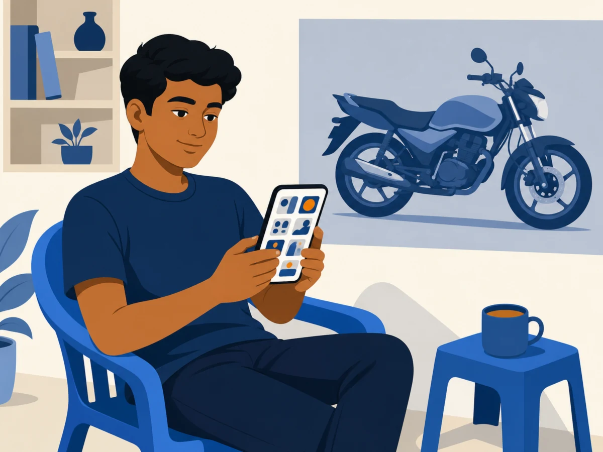 A man sits at home with a cup of tea beside him, looking through a grid of bike listings on his phone.