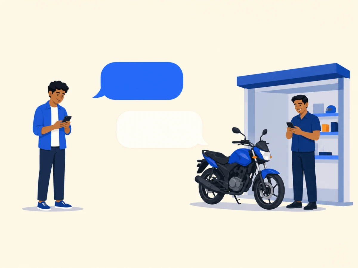 A buyer types on his phone on one side and the shopkeeper reads it in his shop on the other, two empty message bubbles between them.