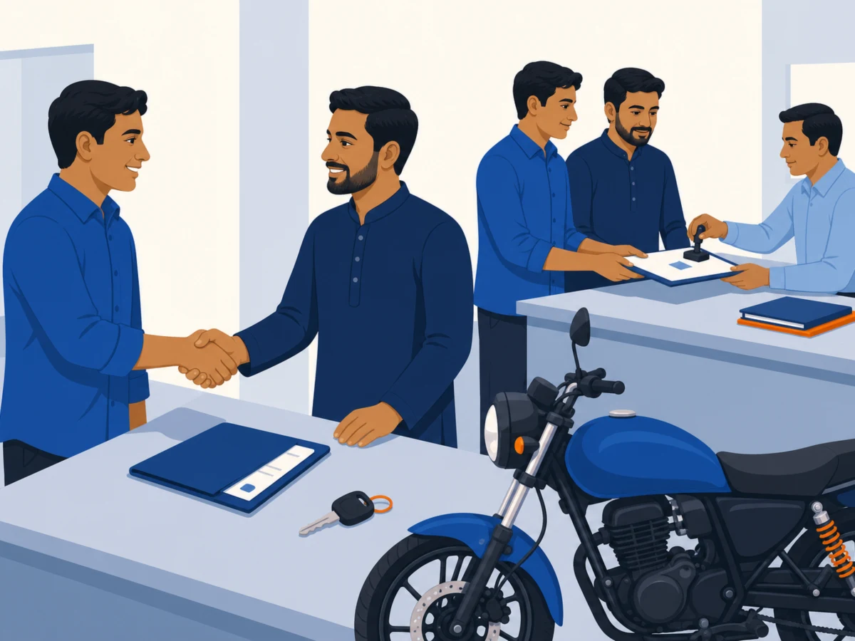 Buyer and shopkeeper shake hands over a folder of papers at the shop counter, and behind them a clerk stamps that same folder as the two hand it over together.