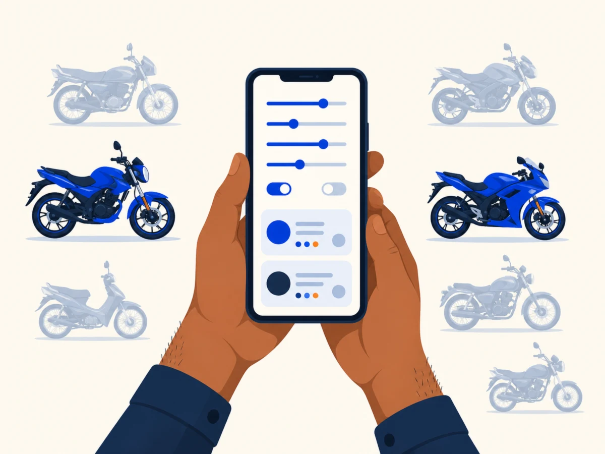 Hands setting filters on a phone while a crowd of faint motorcycles behind it narrows down to two clear ones.