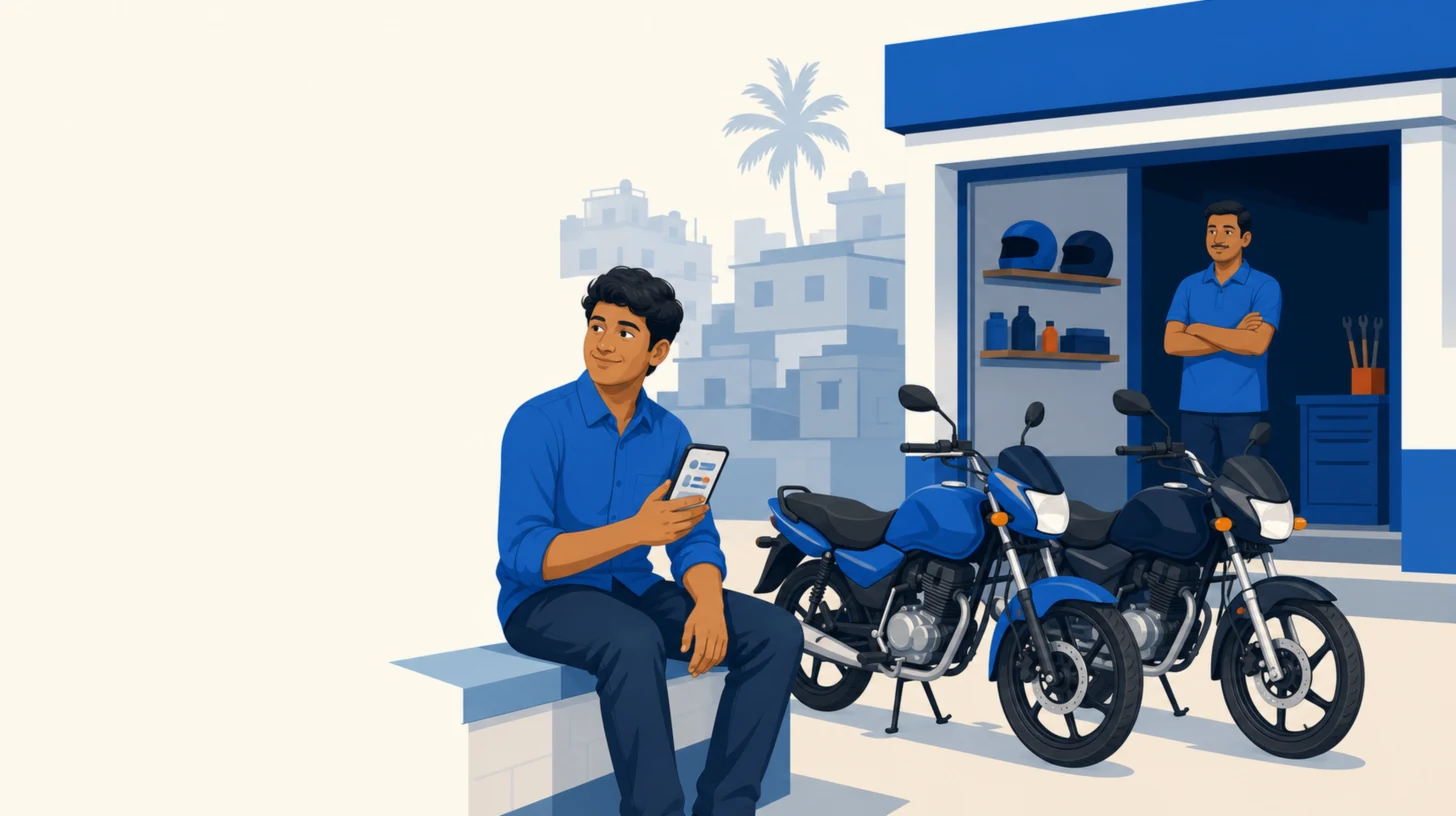 A young man sits on a low wall looking at bikes on his phone, with a motorcycle shop behind him, two bikes parked outside and the owner in the doorway.