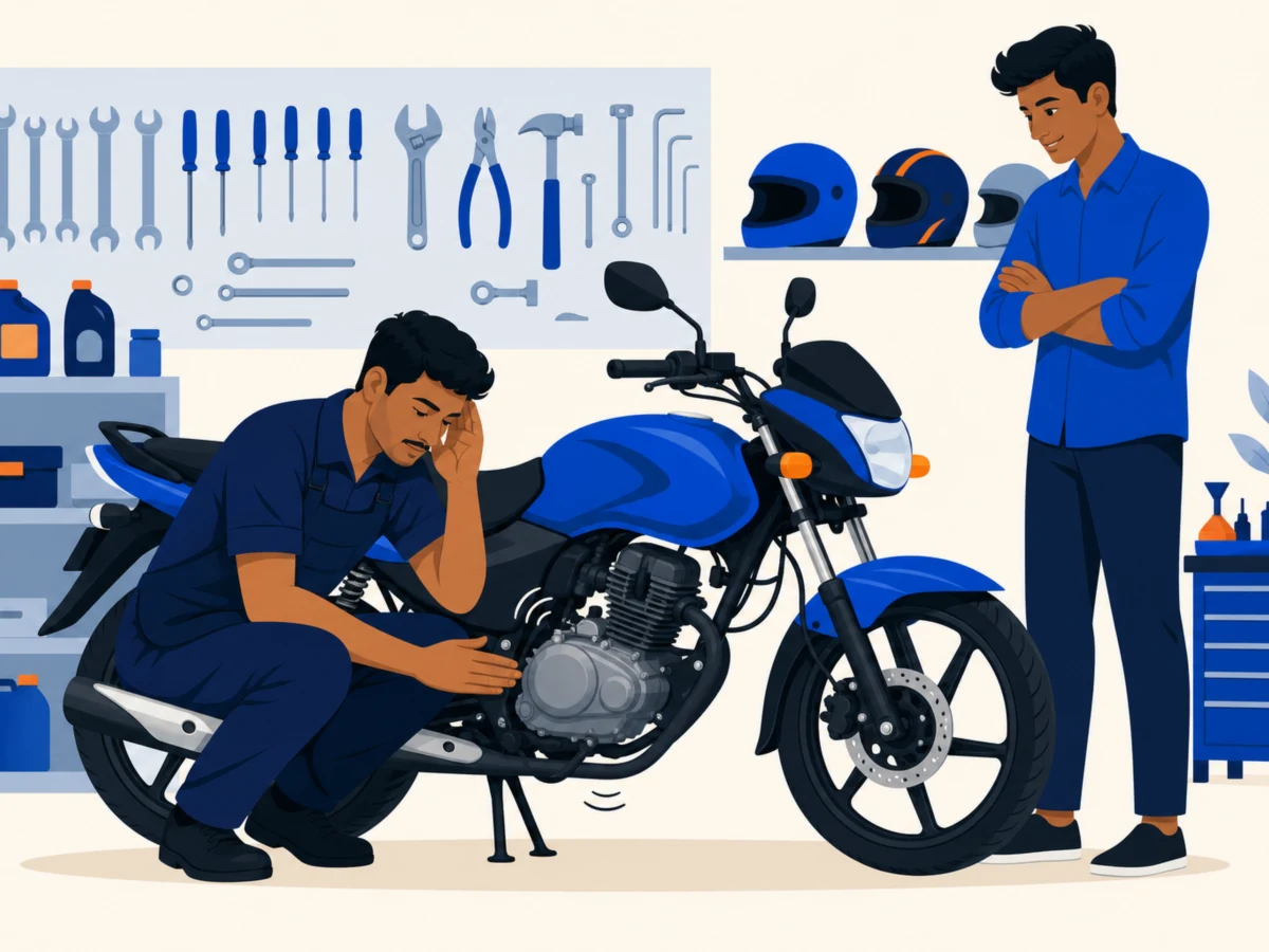A mechanic crouches with one hand on the engine, listening to it, while the buyer watches beside him.