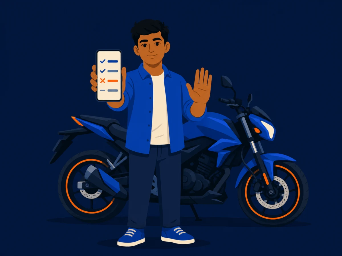 A buyer stops with his palm raised and holds up his phone, its screen listing a bike's paper items with some ticked and one crossed, a motorcycle waiting in shadow behind him.