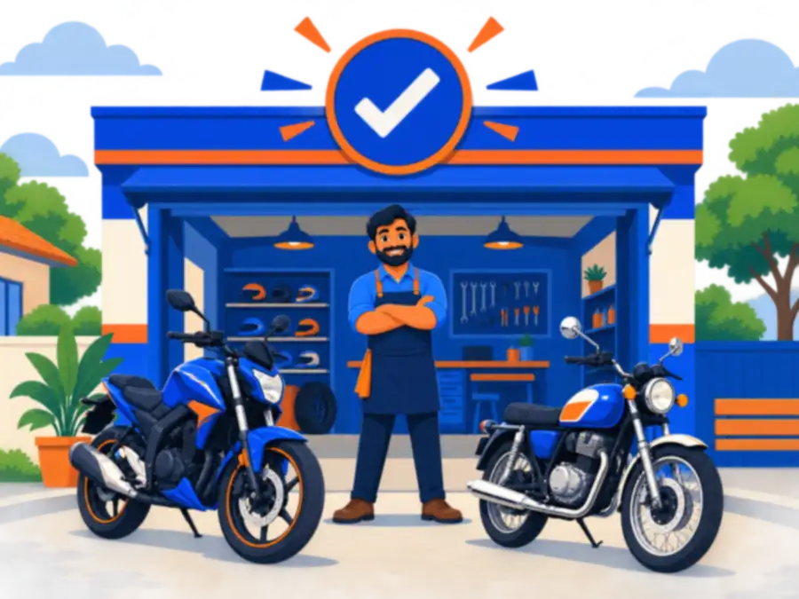 A shop owner stands at his door under a round tick badge, two motorcycles parked in front.