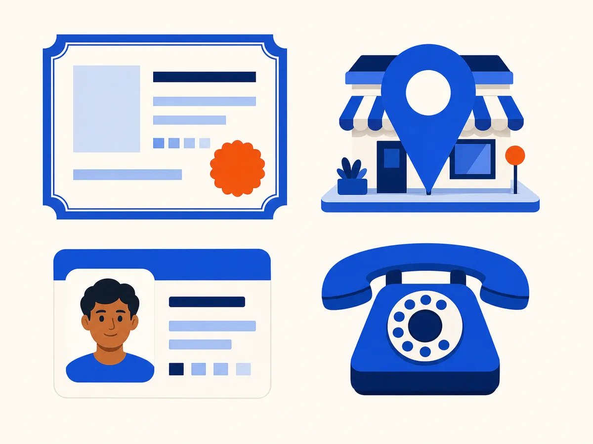 Four things on a desk: a licence with a seal, a map pin on a tiny shop front, an identity card, and a telephone.