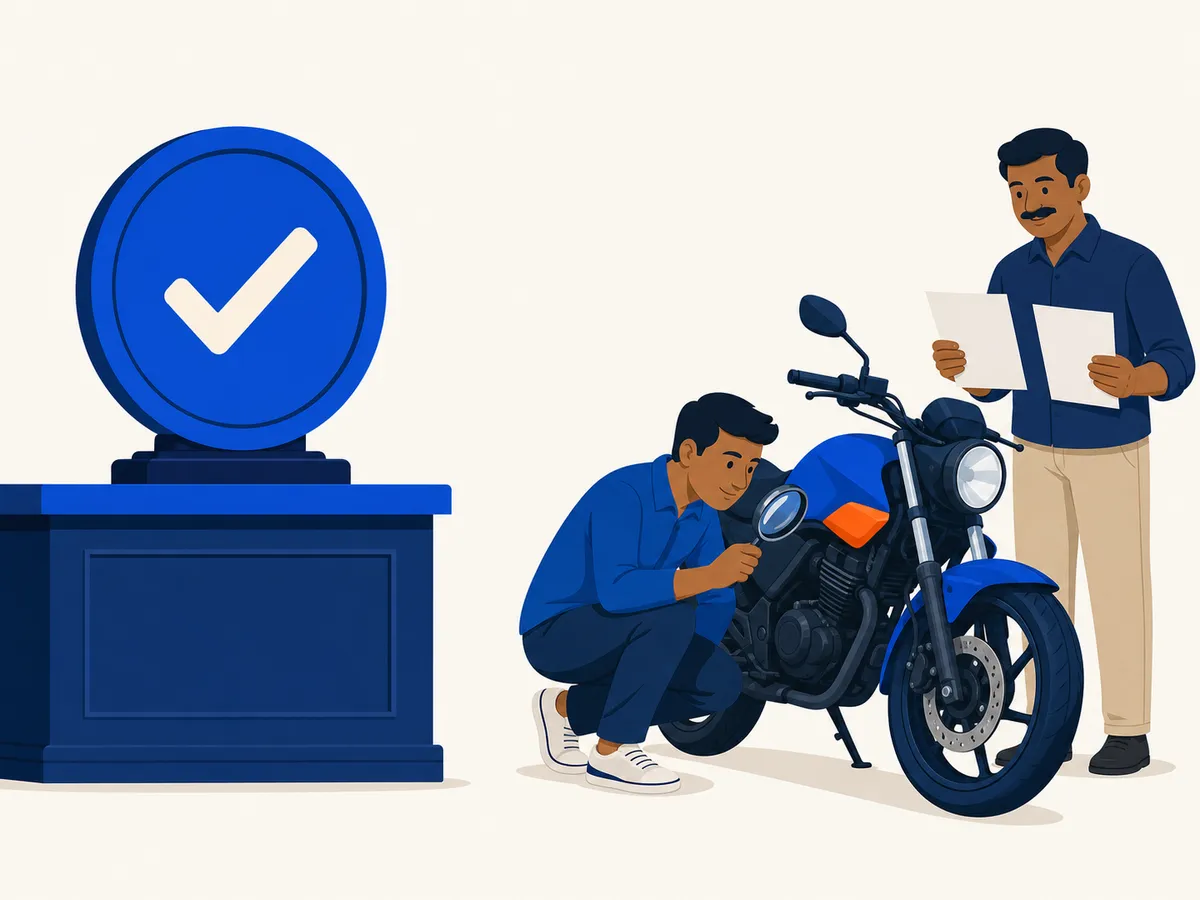 A tick badge on the counter, and clearly apart from it, a buyer examining a motorcycle himself with a magnifying glass.