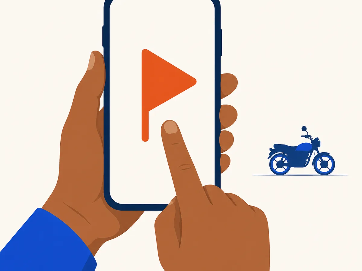 A thumb taps a warning flag on a phone screen, a motorcycle silhouette behind.
