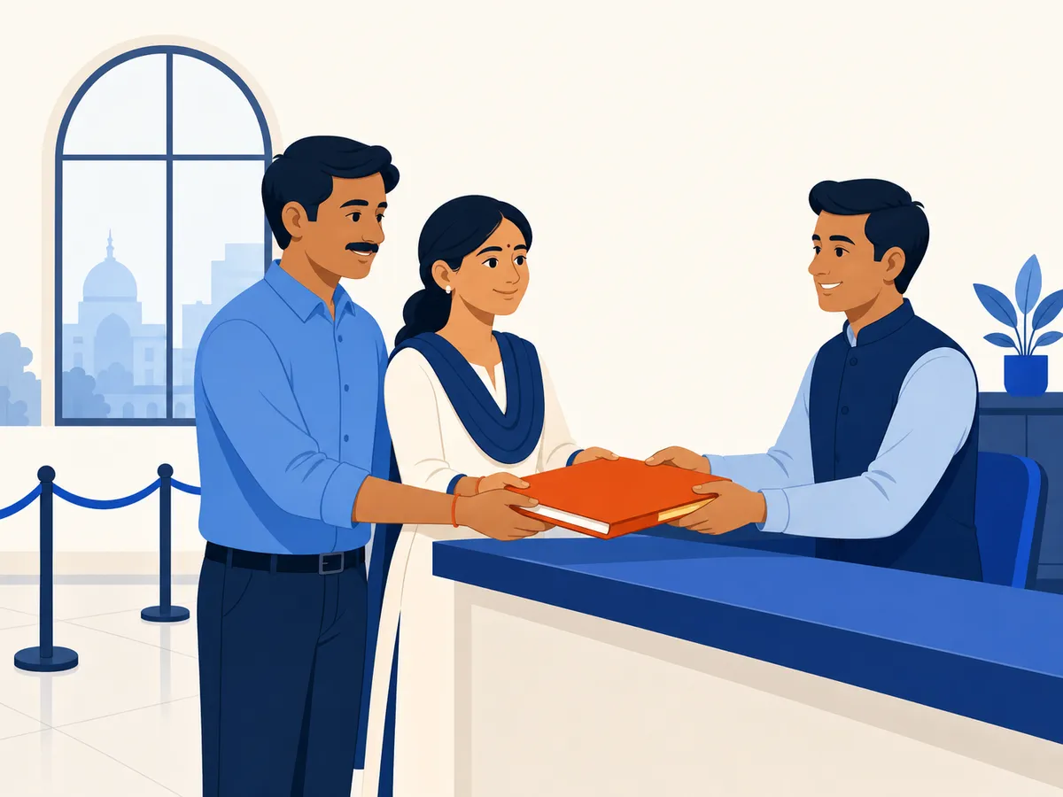 Buyer and shopkeeper hand one folder of papers together to a clerk at a government counter.