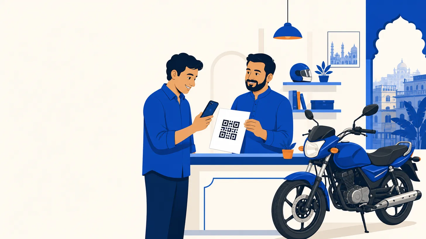 A buyer at a shop counter checks the QR on the shop's document with his phone while the shopkeeper holds it steady, a motorcycle parked beside them.