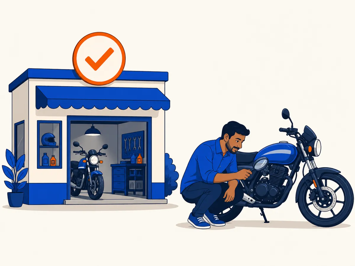 A shop front with a round tick badge above the door, and beside it a buyer examining a motorcycle with a magnifying glass.