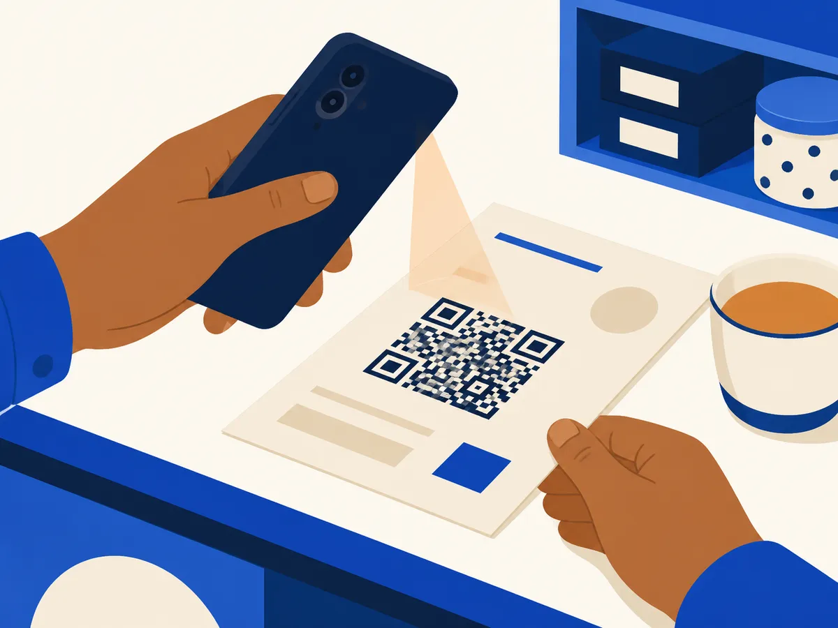 Hands holding a phone over a paper document with a QR code, scanning it on the shop counter.