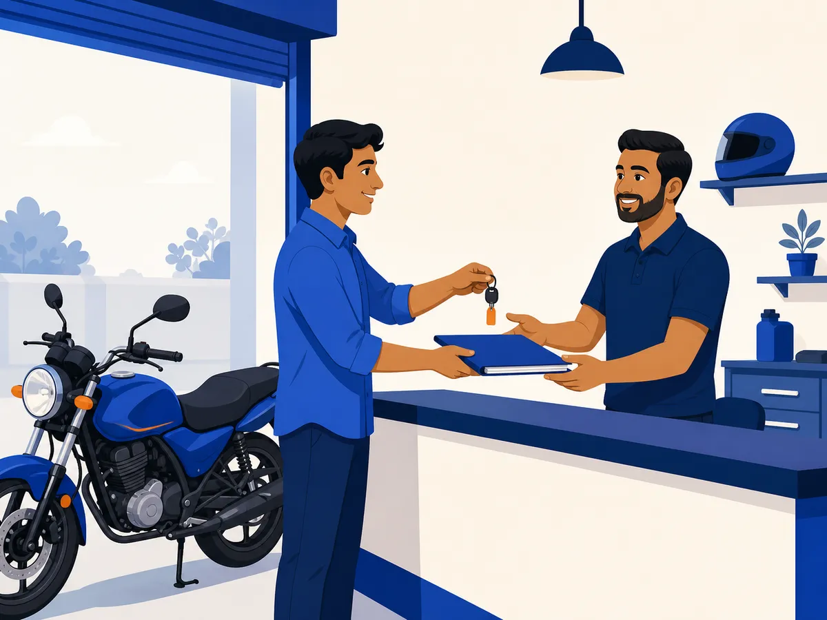 A seller hands a motorcycle key and a folder of documents across the counter to a shopkeeper.
